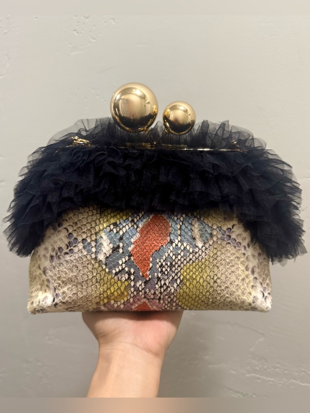 Snakeskin Embossed Leather Handmade “Super Ball” Kisslock With Lace Trim Bag
